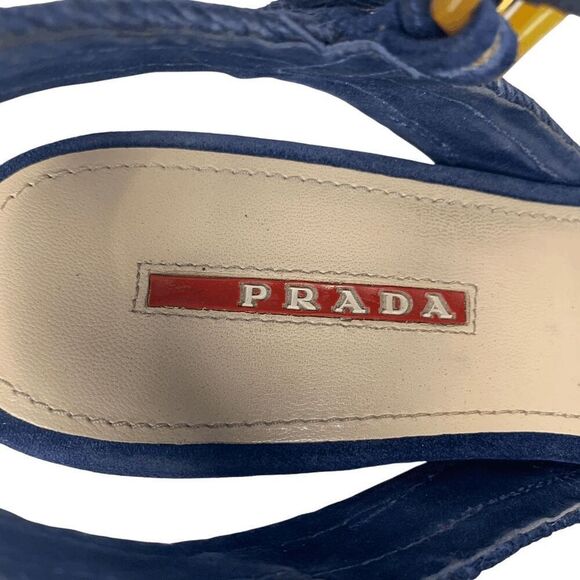 Prada Logo Blue Suede Bow Platform Espadrilles EU 37 Slingback Buckle Wedges - Picture 4 of 10